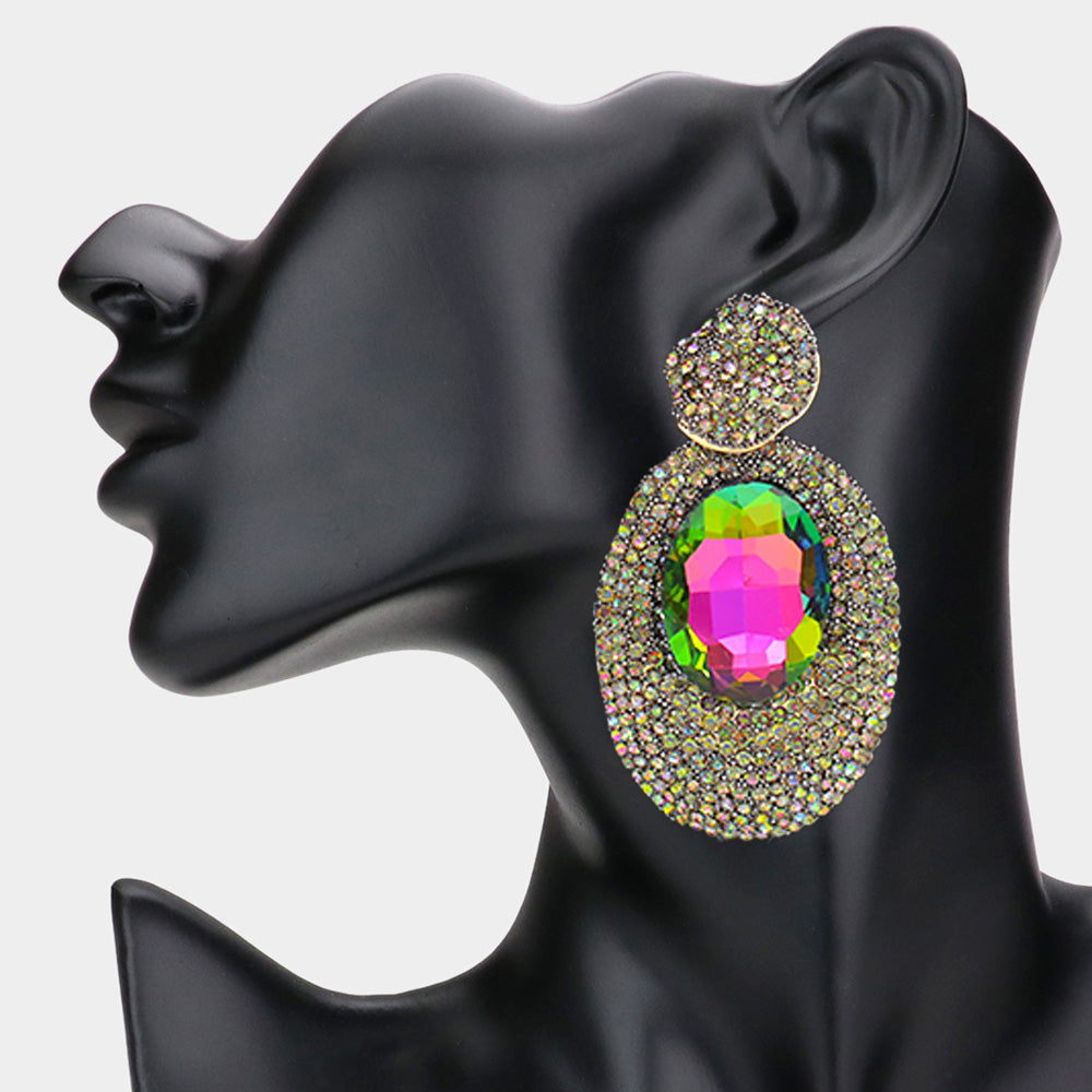 Madeline Love Default Oval Glass Stone Pointed Rhinestone Paved Dangle Evening Earrings