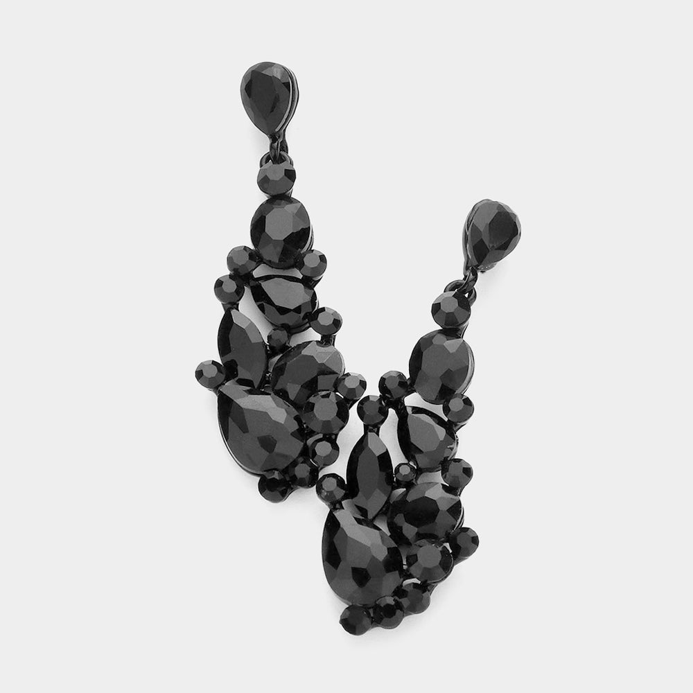 Madeline Love Jet Black Round Teardrop Stone Cluster Dangle Evening Earrings