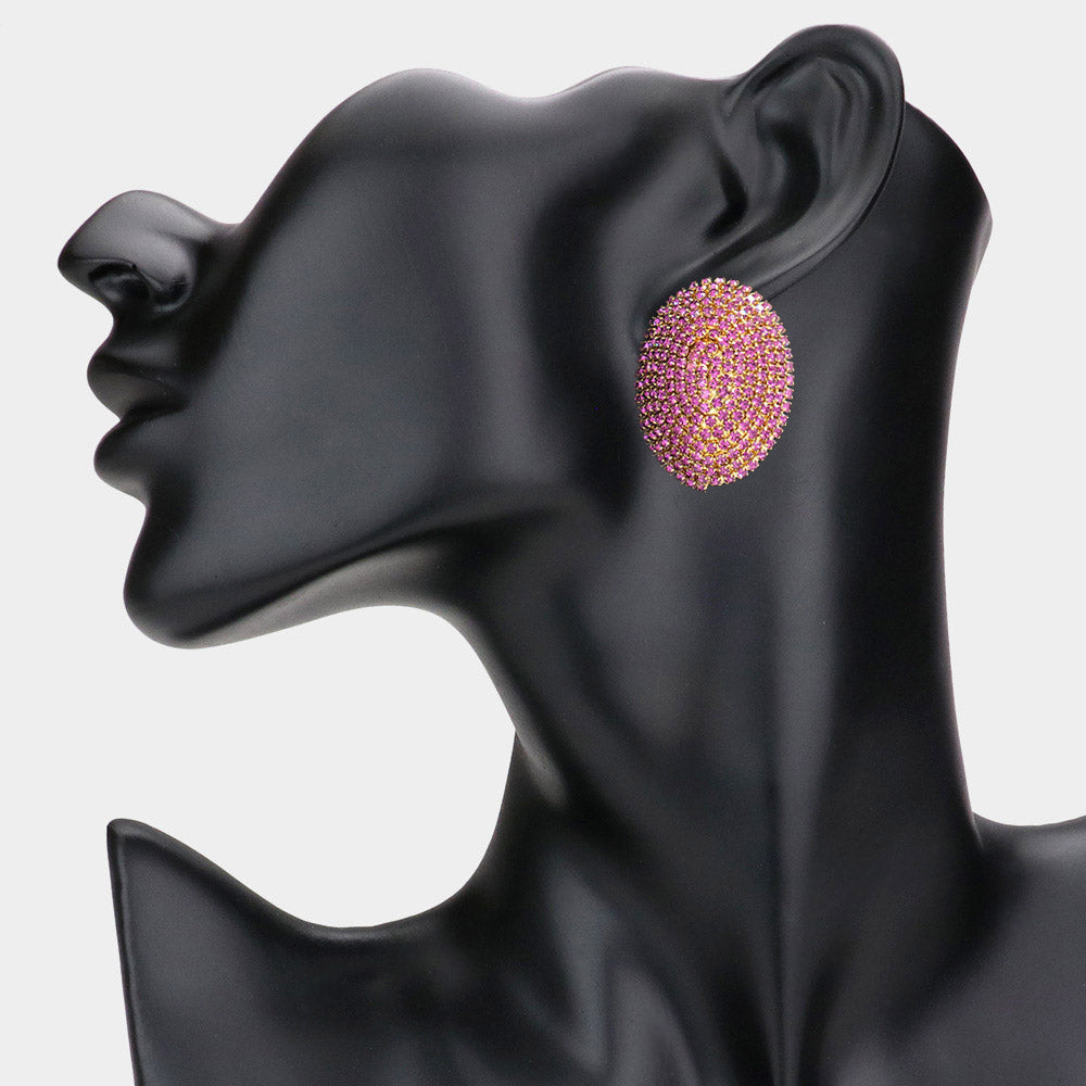 Madeline Love Fuchsia, Gold Bling Studded Oval Evening Earrings