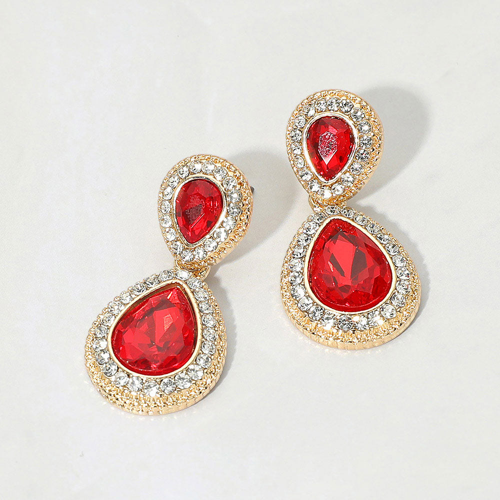 Madeline Love Gold, Red Crystal Teardrop Evening Earrings