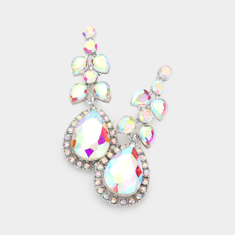 Madeline Love AB, Silver Teardrop Round Stone Dangle Evening Earrings