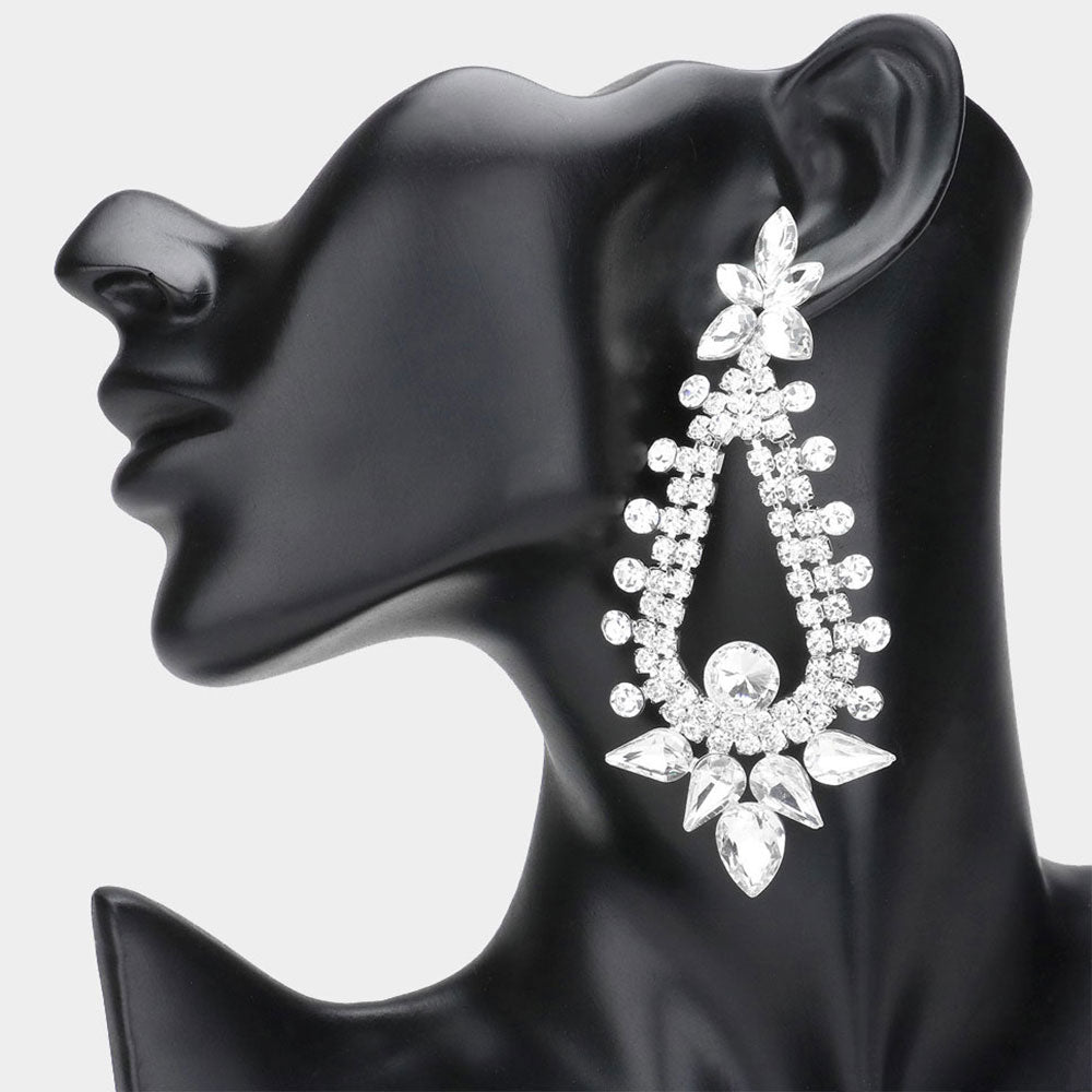 Madeline Love Silver Teardrop Round Cluster Embellished Dangle Evening Earrings