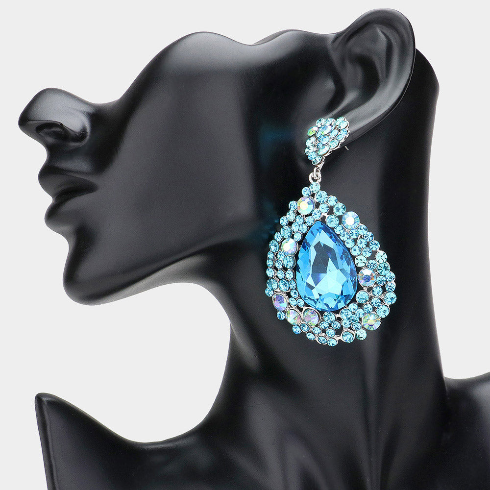 Madeline Love Aqua Teardrop Pointed Rhinestone Embellished Dangle Evening Earrings
