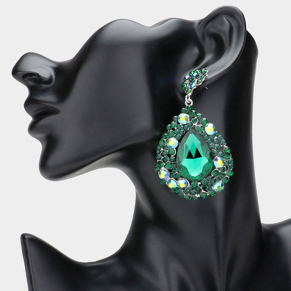 Madeline Love Emerald Teardrop Pointed Rhinestone Embellished Dangle Evening Earrings
