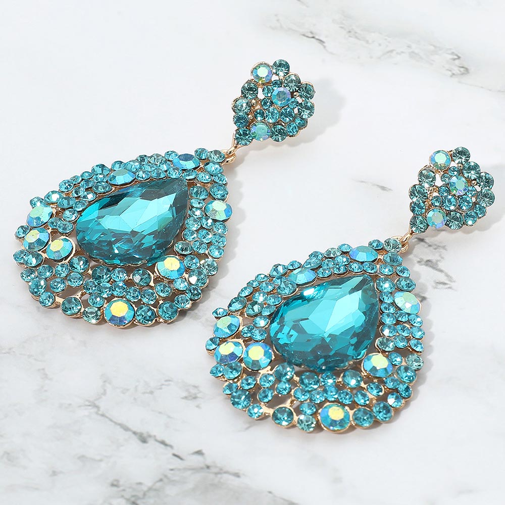 Madeline Love Aqua, Gold Teardrop Pointed Rhinestone Embellished Dangle Evening Earrings