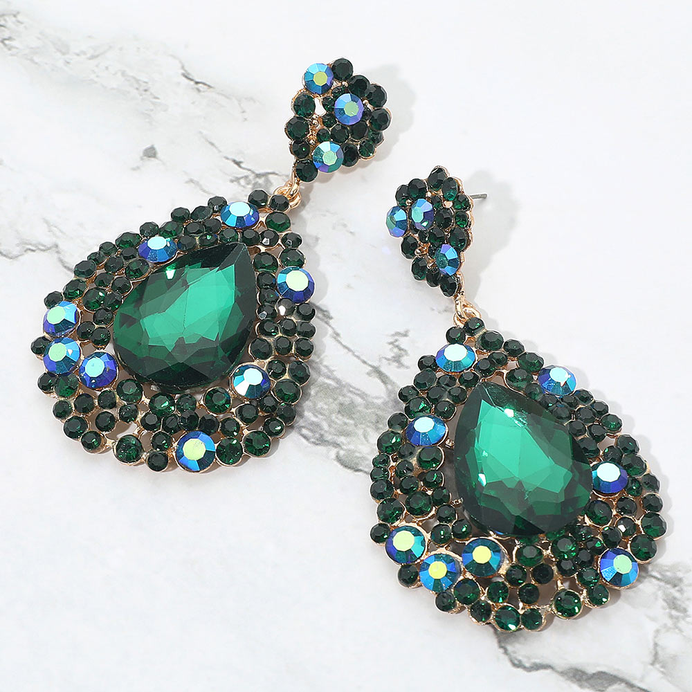 Madeline Love Emerald, Gold Teardrop Pointed Rhinestone Embellished Dangle Evening Earrings