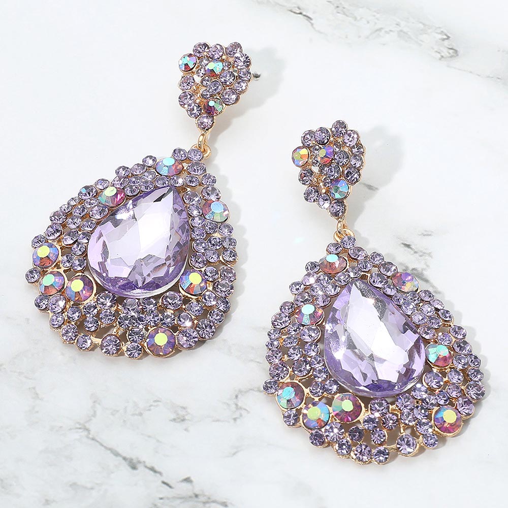 Madeline Love Gold, Lavender Teardrop Pointed Rhinestone Embellished Dangle Evening Earrings