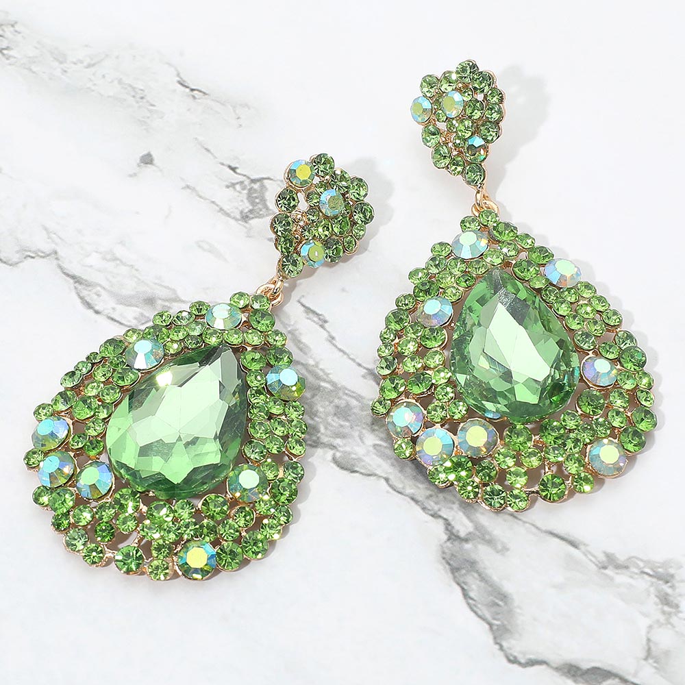 Madeline Love Gold, Peridot Teardrop Pointed Rhinestone Embellished Dangle Evening Earrings