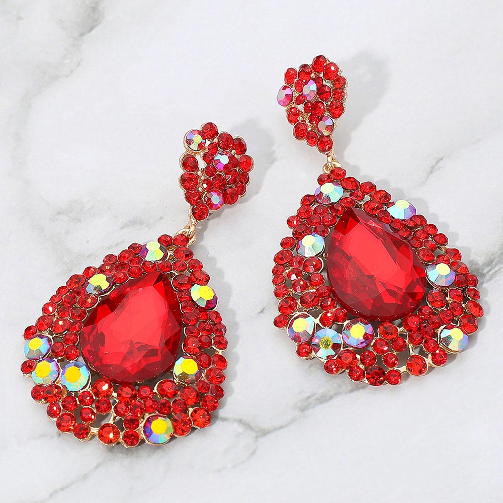 Madeline Love AB, Gold, Red Teardrop Pointed Rhinestone Embellished Dangle Evening Earrings