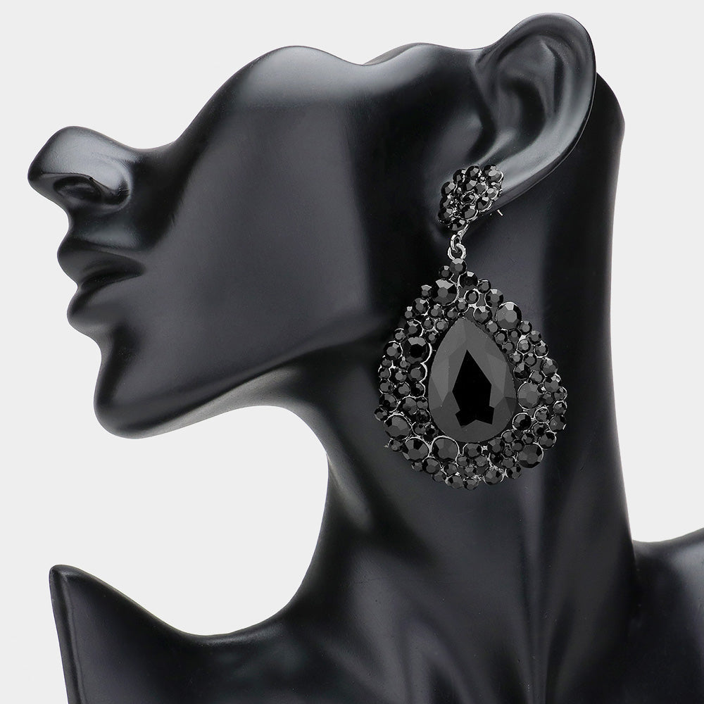 Madeline Love Jet Black Teardrop Pointed Rhinestone Embellished Dangle Evening Earrings