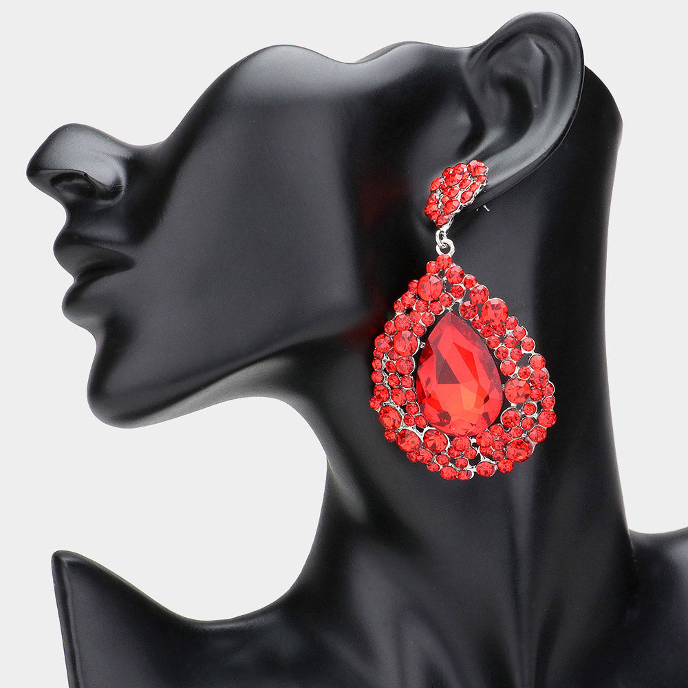 Madeline Love Red Teardrop Pointed Rhinestone Embellished Dangle Evening Earrings
