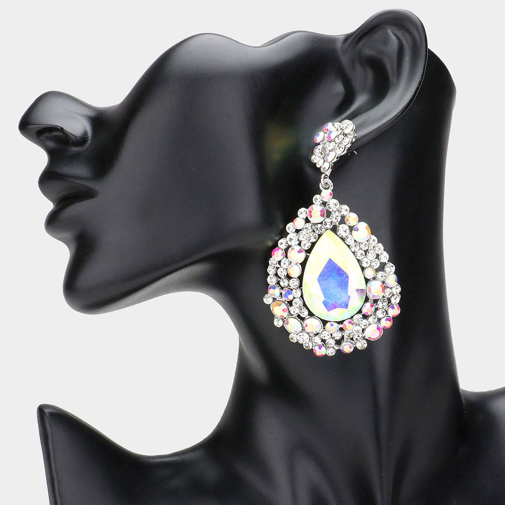 Madeline Love AB, Silver Teardrop Pointed Rhinestone Embellished Dangle Evening Earrings