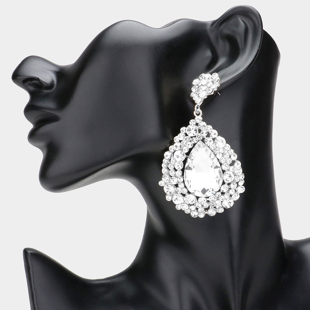 Madeline Love Clear, Silver Teardrop Pointed Rhinestone Embellished Dangle Evening Earrings