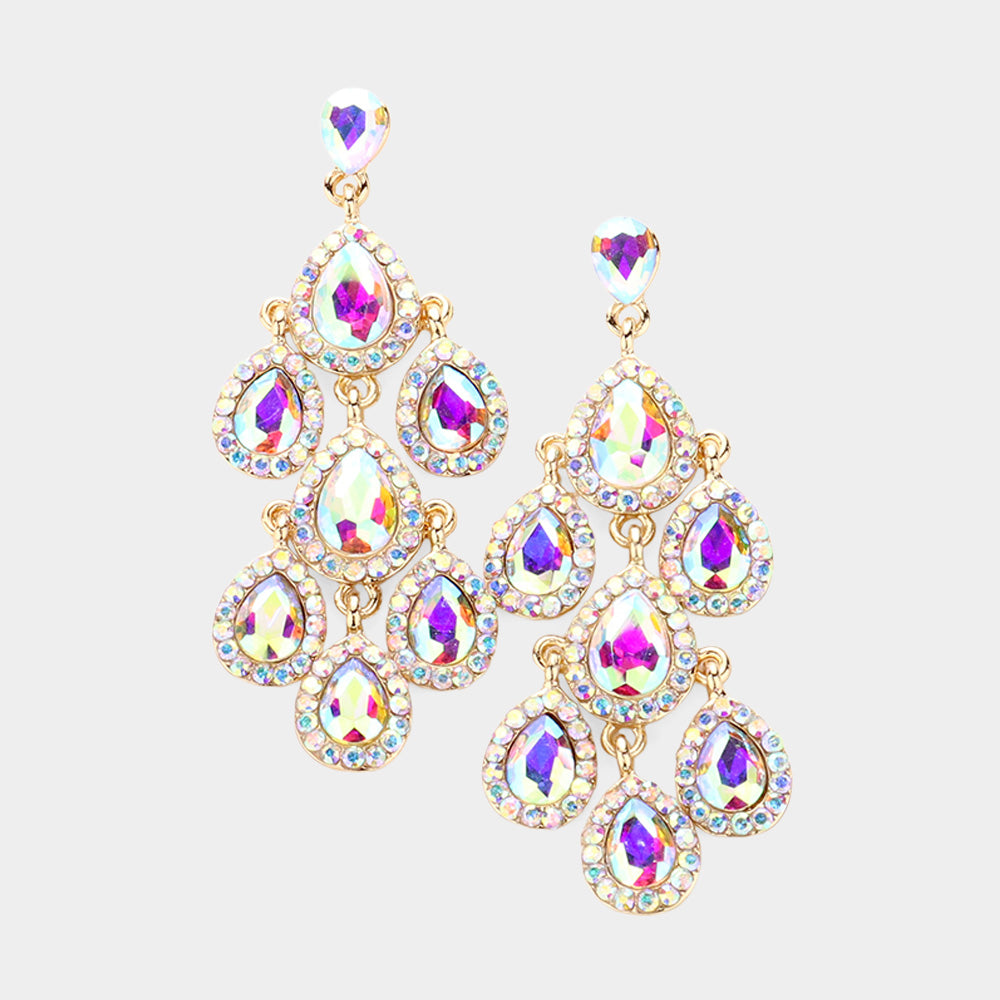 Madeline Love AB, Gold Teardrop Stone Cluster Chandelier Dangle Evening Earrings