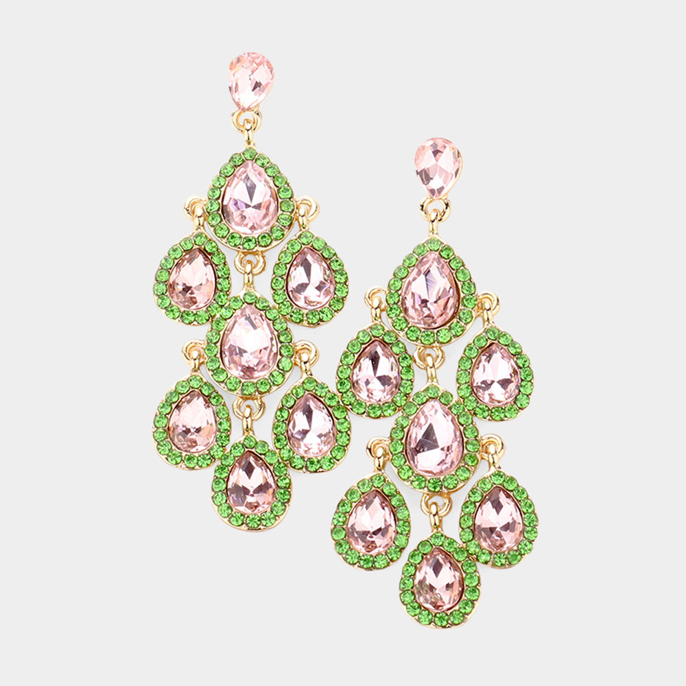 Madeline Love Pink&Green Teardrop Stone Cluster Chandelier Dangle Evening Earrings