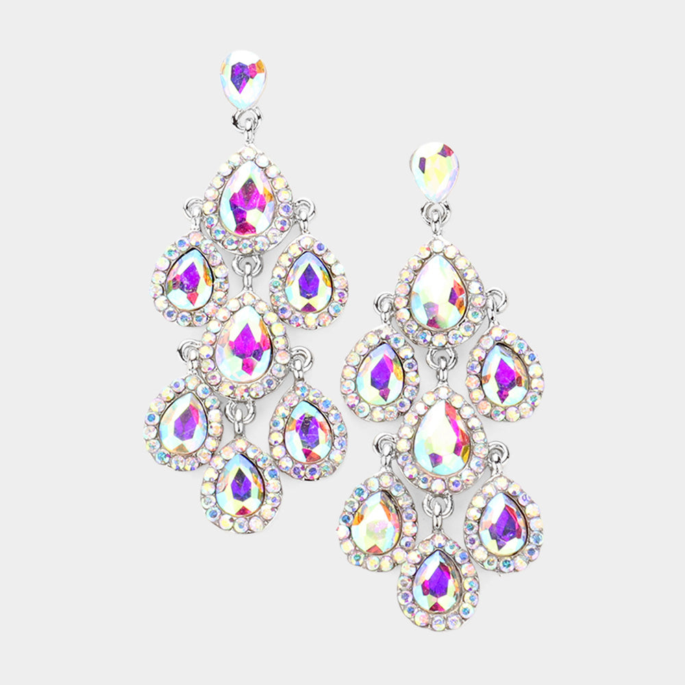 Madeline Love AB, Silver Teardrop Stone Cluster Chandelier Dangle Evening Earrings
