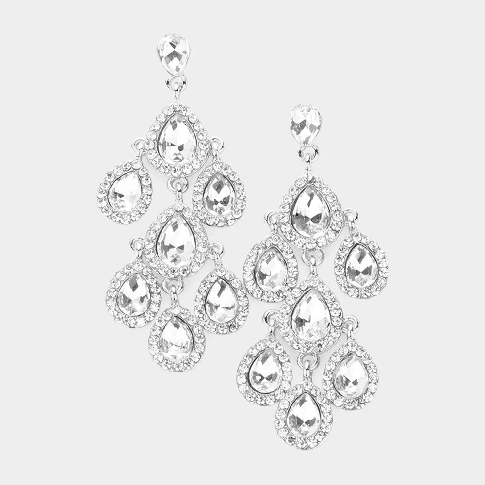 Madeline Love Clear, Silver Teardrop Stone Cluster Chandelier Dangle Evening Earrings