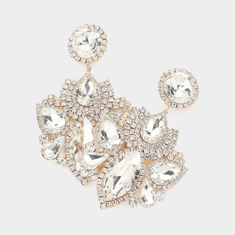 Madeline Love Gold Marquise Teardrop Stone Accented Rhinestone Paved Dangle Evening Earrings