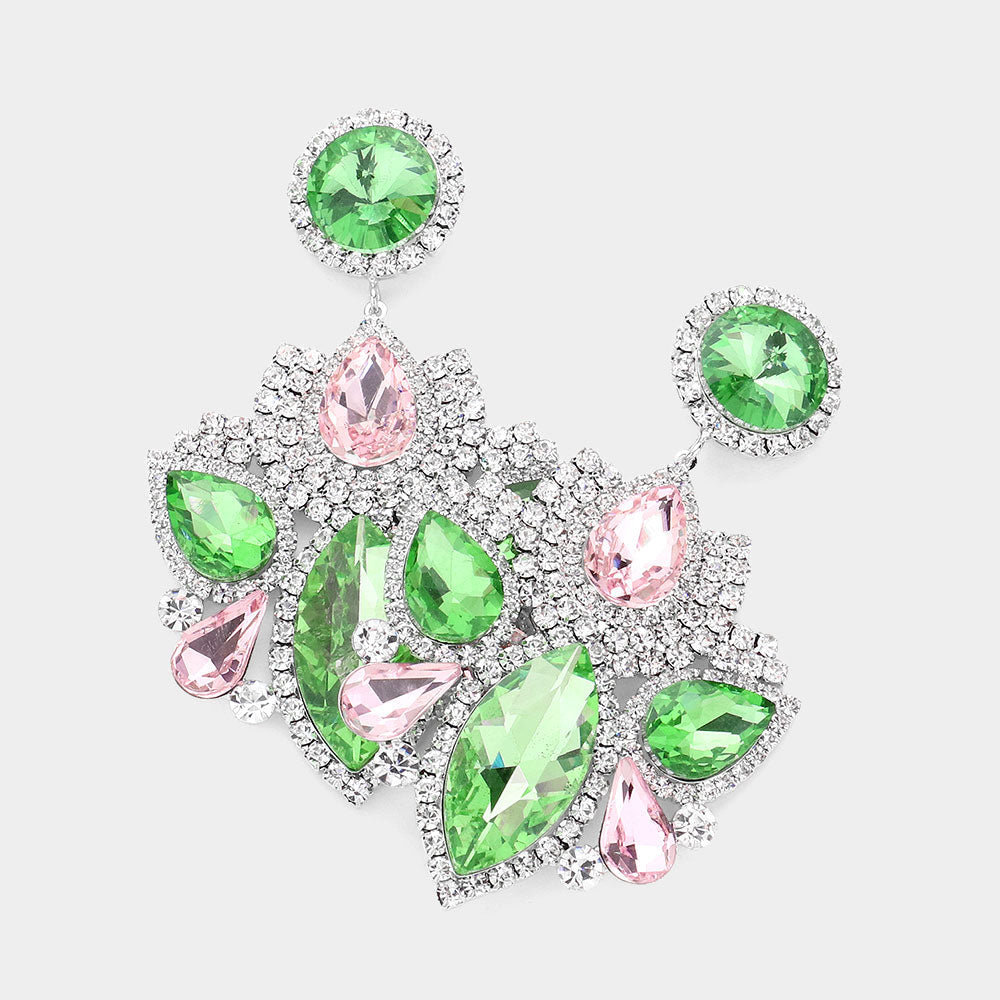 Madeline Love Pink&Green Marquise Teardrop Stone Accented Rhinestone Paved Dangle Evening Earrings