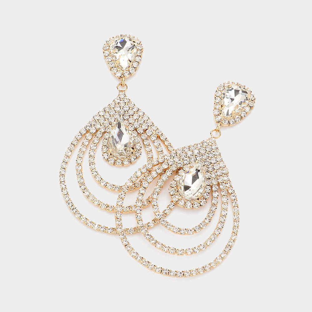 Madeline Love Gold Teardrop Rhinestone Cluster Pointed Dangle Evening Earrings