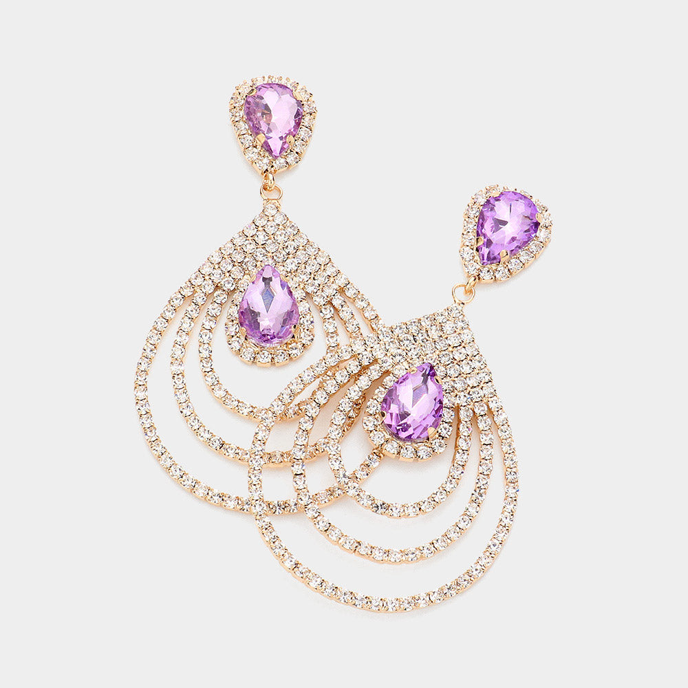 Madeline Love Gold, Lavender Teardrop Rhinestone Cluster Pointed Dangle Evening Earrings