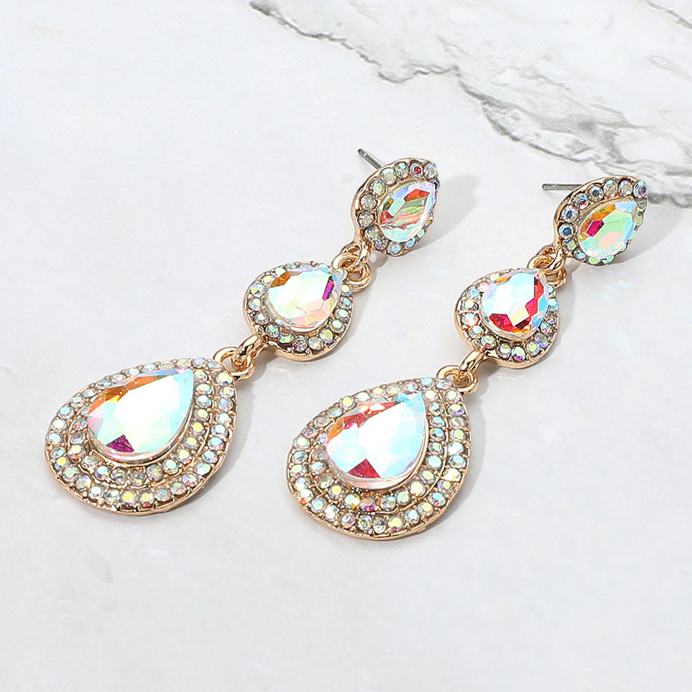 Madeline Love AB, Gold Teardrop Glass Stone Link Drop Dangle Evening Earrings