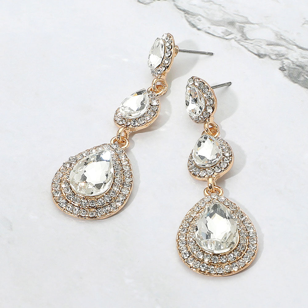 Madeline Love Clear, Gold Teardrop Glass Stone Link Drop Dangle Evening Earrings