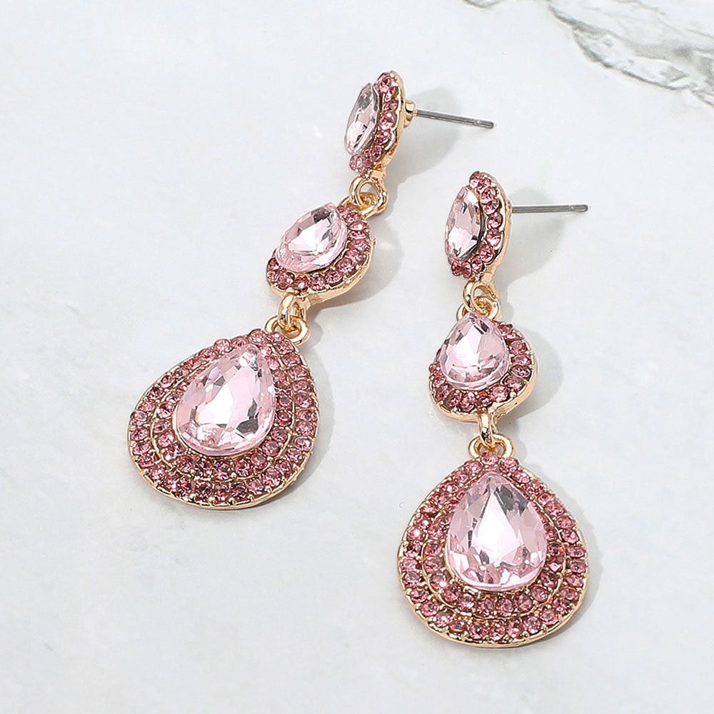 Madeline Love Light, Pink Teardrop Glass Stone Link Drop Dangle Evening Earrings