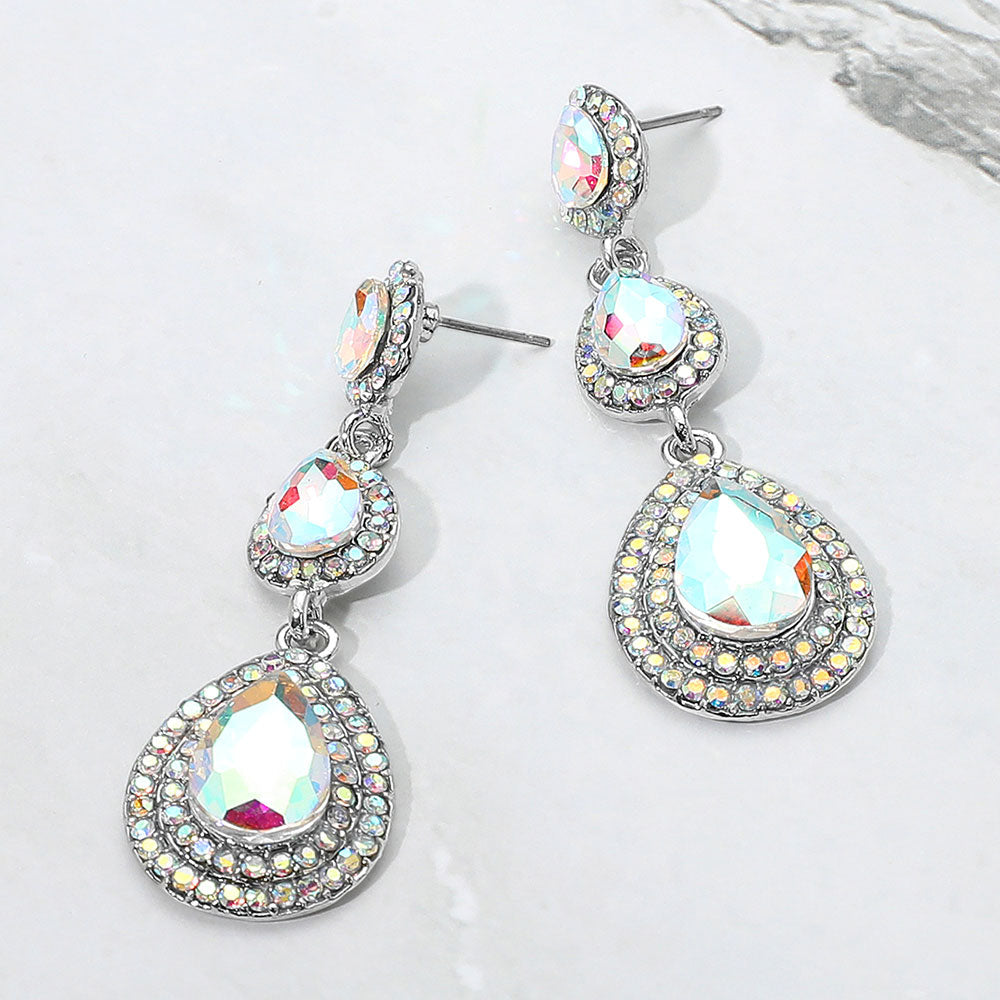 Madeline Love AB, Silver Teardrop Glass Stone Link Drop Dangle Evening Earrings