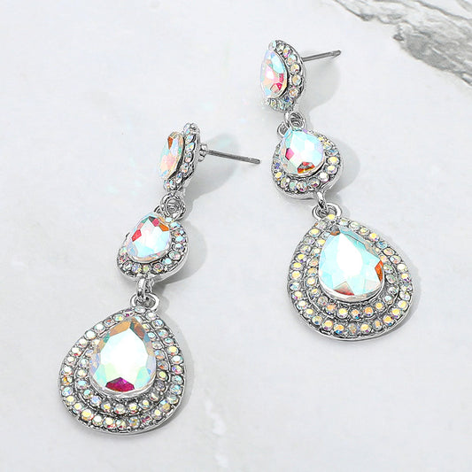Madeline Love AB, Silver Teardrop Glass Stone Link Drop Dangle Evening Earrings