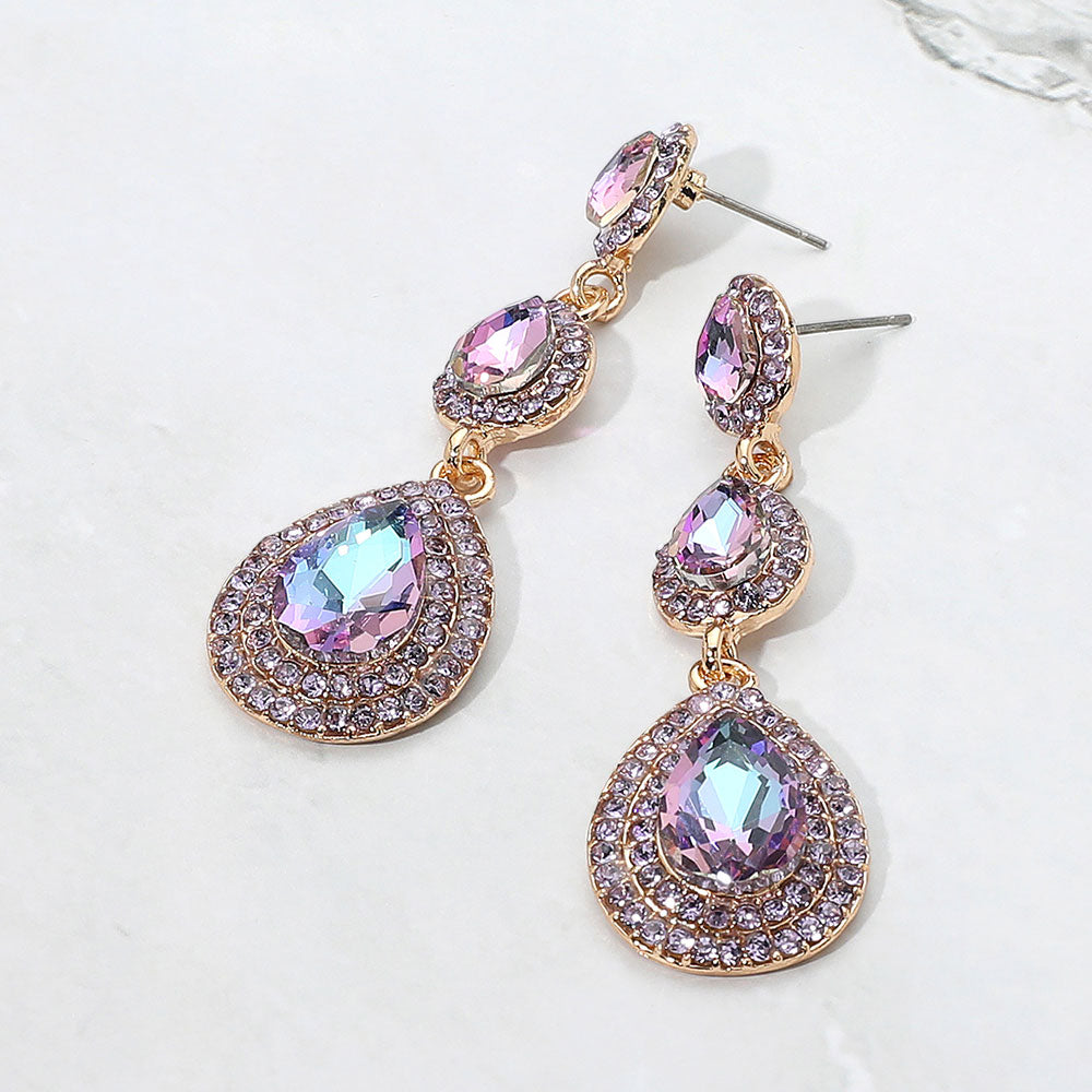 Madeline Love Violet Teardrop Glass Stone Link Drop Dangle Evening Earrings