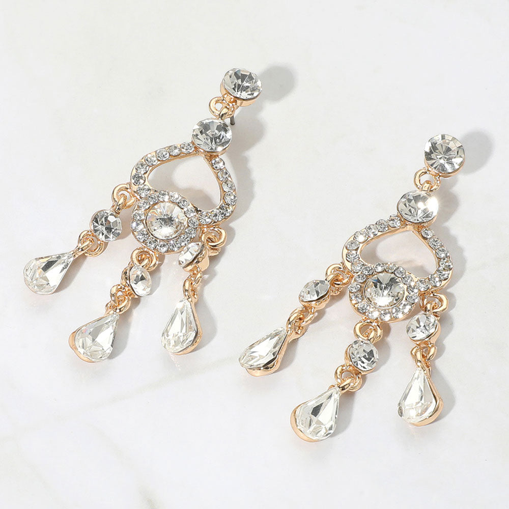 Madeline Love Clear, Gold Teardrop Stone Cluster Rip Chandelier Dangle Evening Earrings