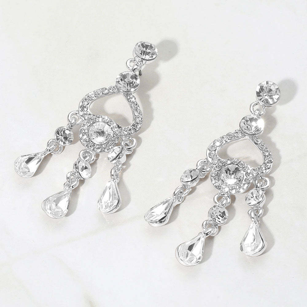 Madeline Love Clear, Silver Teardrop Stone Cluster Rip Chandelier Dangle Evening Earrings