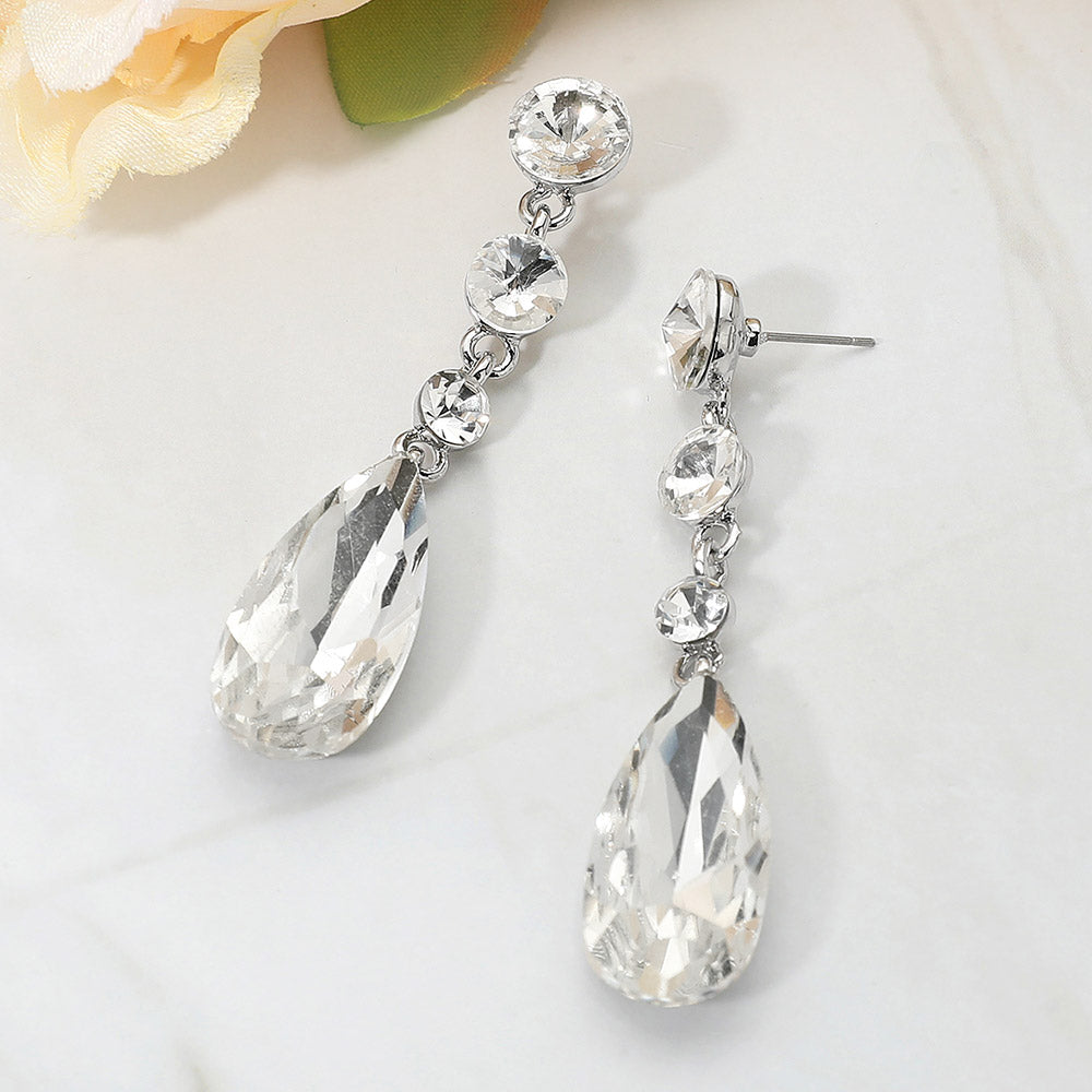 Madeline Love Clear, Silver Elegant Multi Faceted Crystal Dangle Statement Earrings