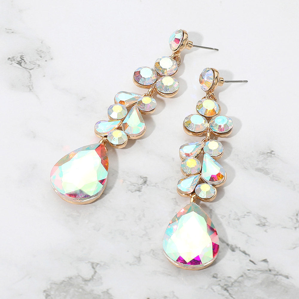 Madeline Love AB, Gold Teardrop Stone Cluster Drop Evening Earrings