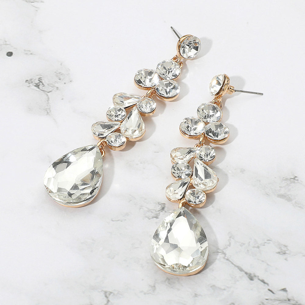 Madeline Love Clear, Gold Teardrop Stone Cluster Drop Evening Earrings
