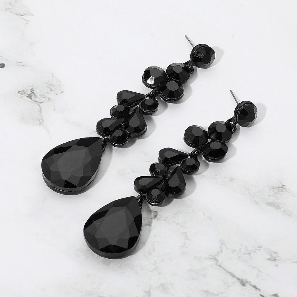 Madeline Love Jet Black Teardrop Stone Cluster Drop Evening Earrings