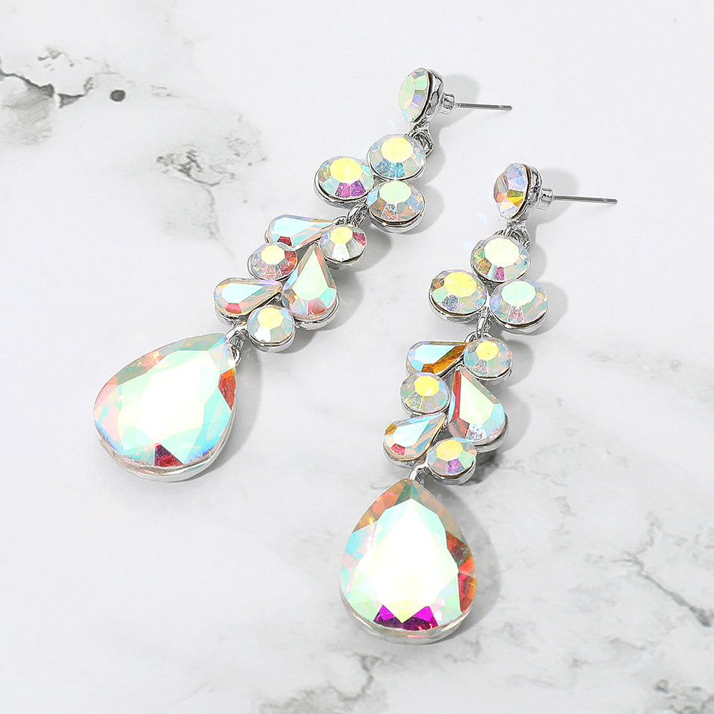 Madeline Love AB, Silver Teardrop Stone Cluster Drop Evening Earrings