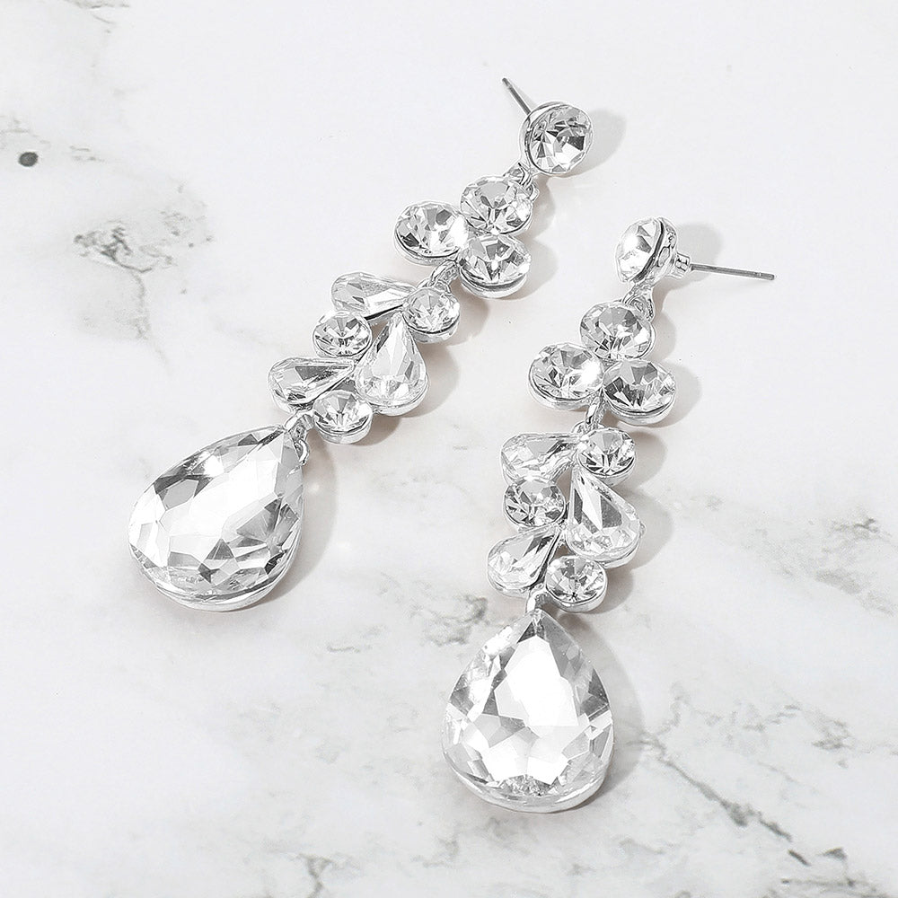 Madeline Love Clear, Silver Teardrop Stone Cluster Drop Evening Earrings