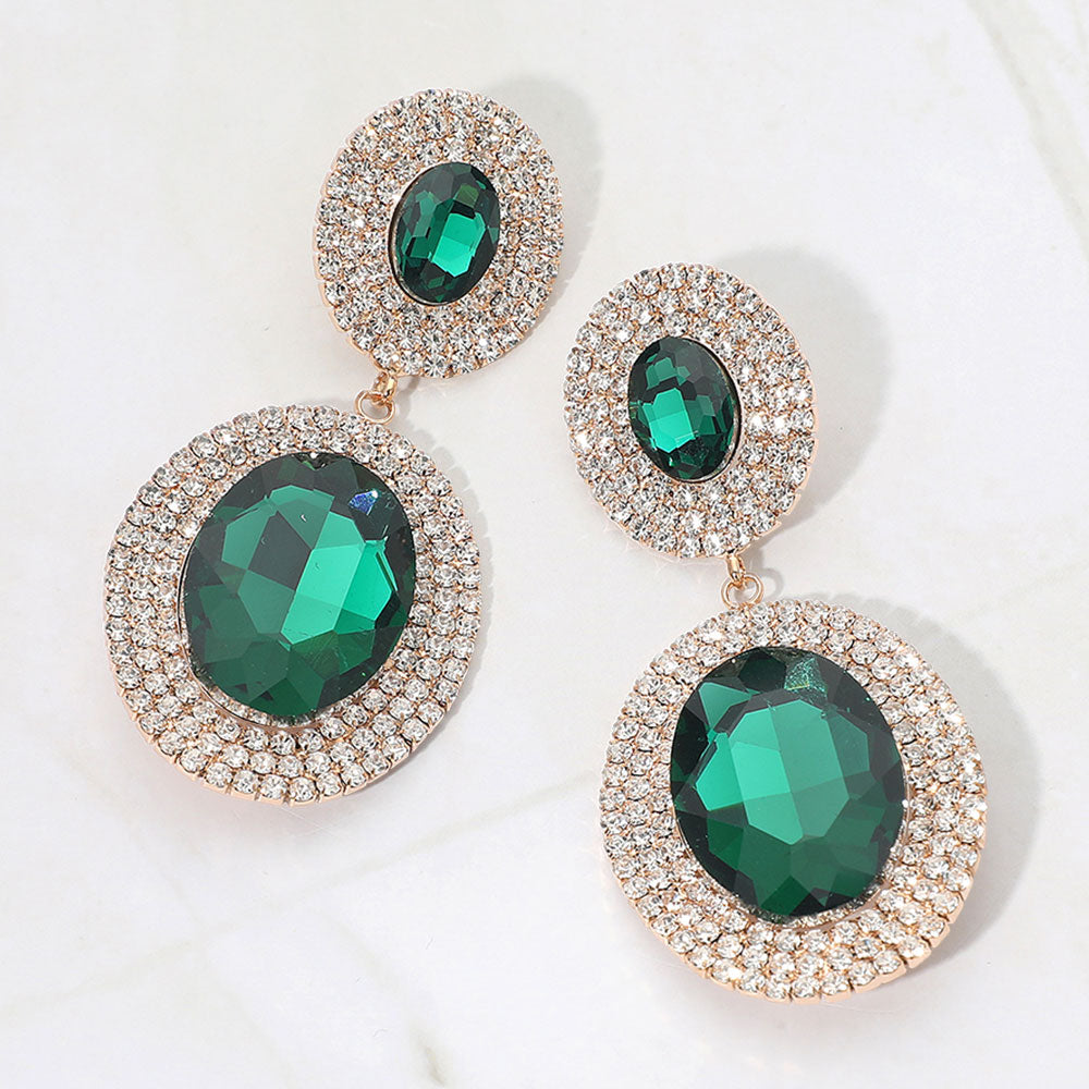 Madeline Love Emerald Bold Double Oval Pave Halo Link Drop Evening Earrings