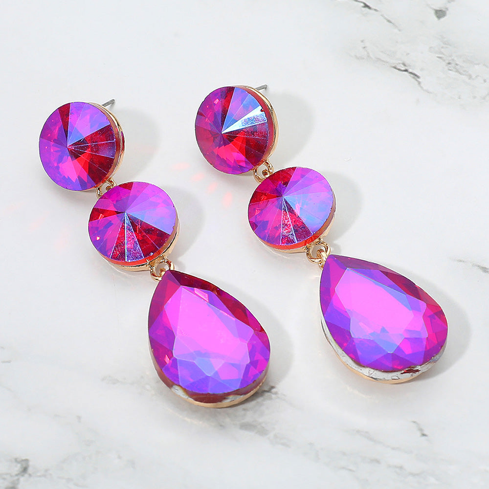 Madeline Love AB, Fuchsia Round Teardrop Stone Cluster Link Drop Evening Earrings