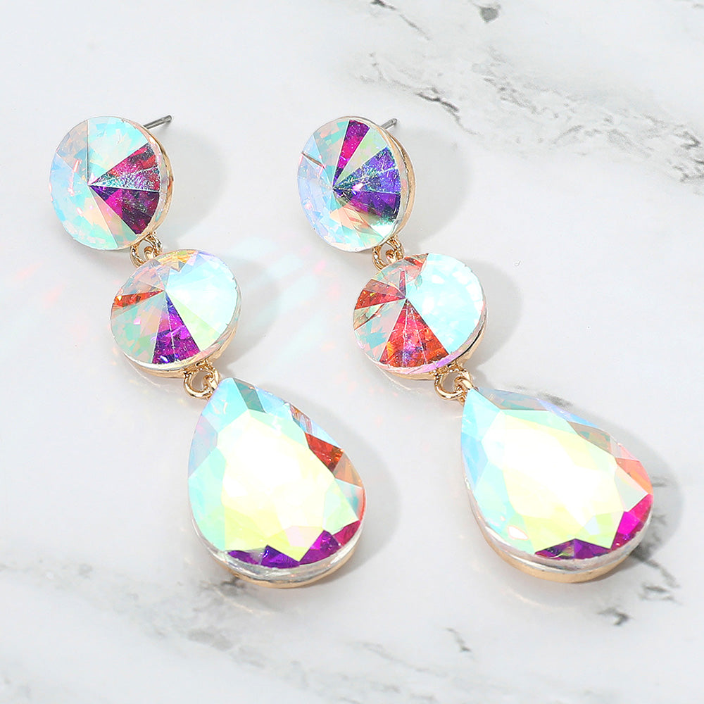 Madeline Love AB, Gold Round Teardrop Stone Cluster Link Drop Evening Earrings