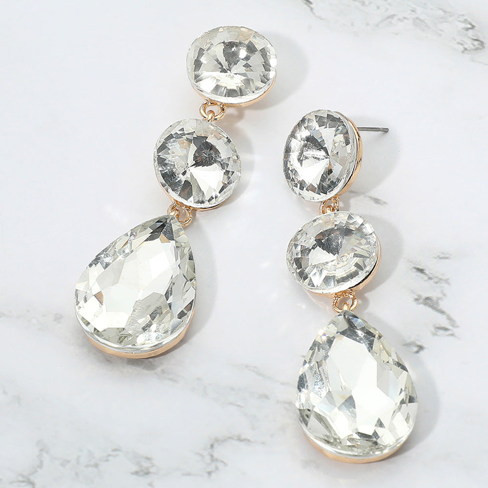Madeline Love Clear, Gold Round Teardrop Stone Cluster Link Drop Evening Earrings