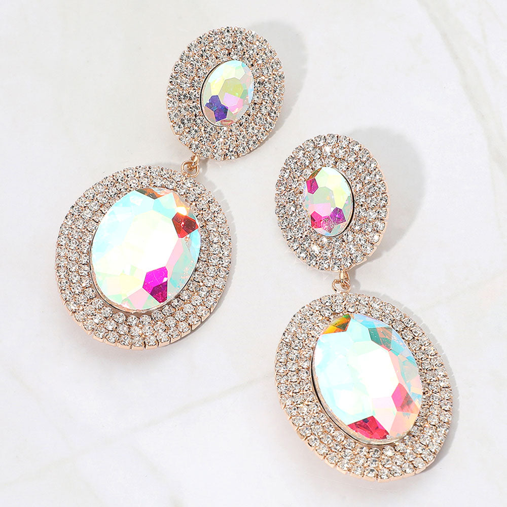 Madeline Love AB, Gold Bold Double Oval Pave Halo Link Drop Evening Earrings
