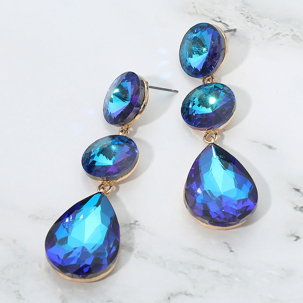 Madeline Love AB, Blue Round Teardrop Stone Cluster Link Drop Evening Earrings