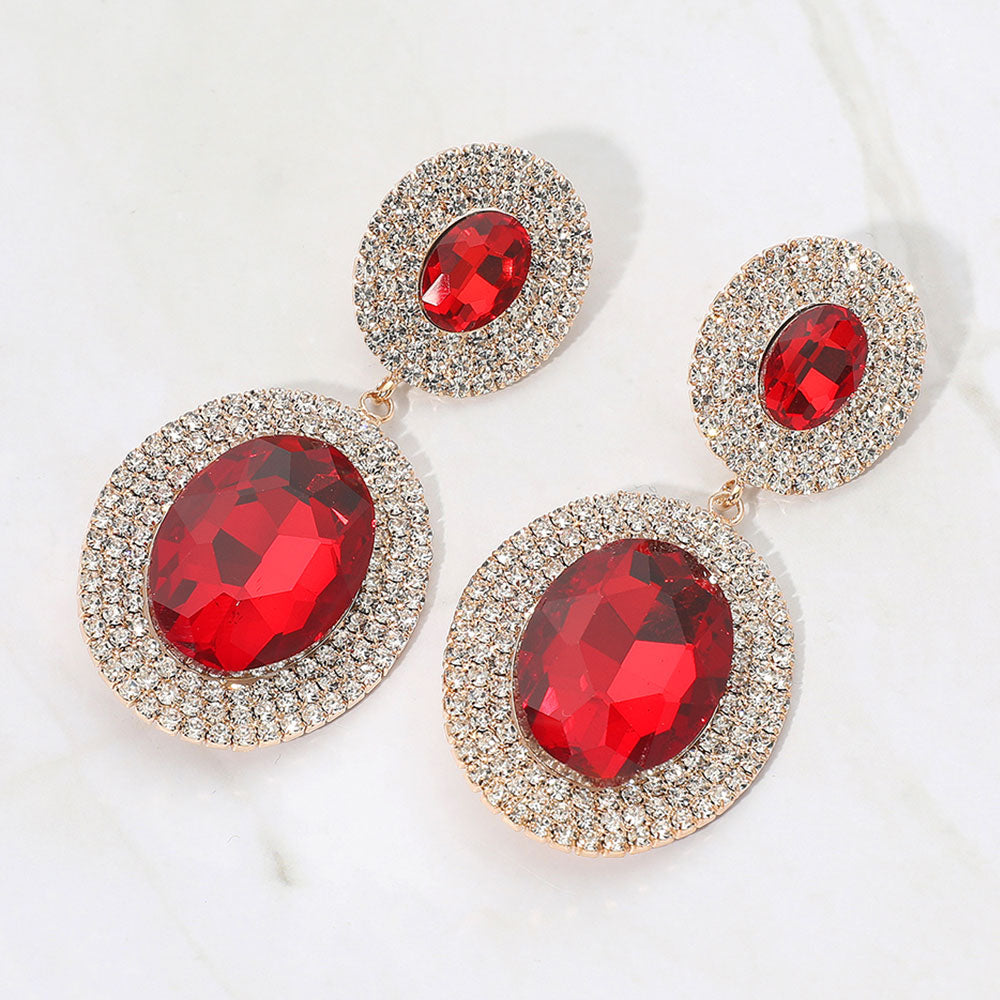 Madeline Love Red Bold Double Oval Pave Halo Link Drop Evening Earrings