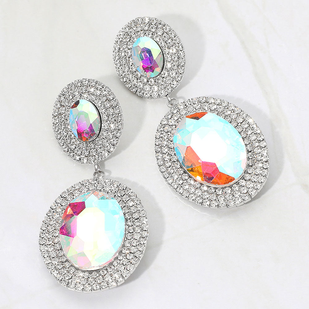 Madeline Love AB, Rhodium Bold Double Oval Pave Halo Link Drop Evening Earrings