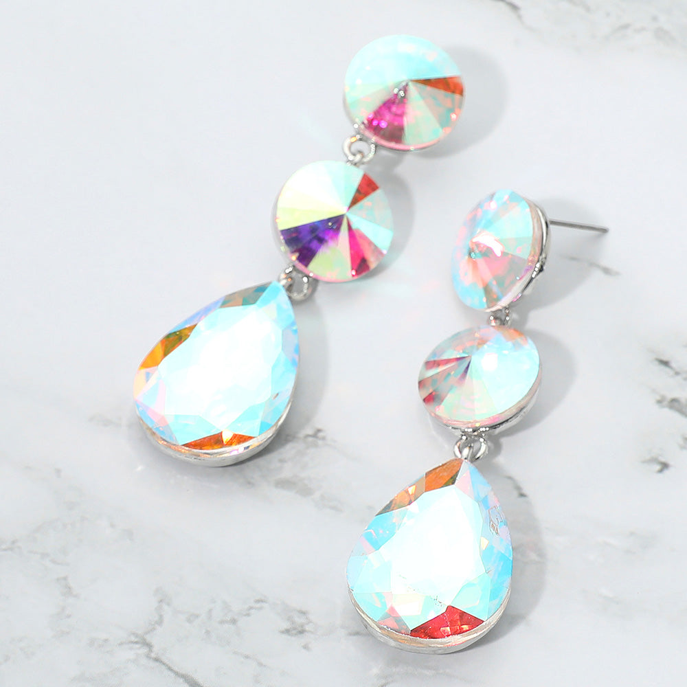 Madeline Love AB, Silver Round Teardrop Stone Cluster Link Drop Evening Earrings