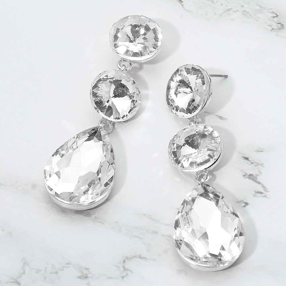 Madeline Love Clear, Silver Round Teardrop Stone Cluster Link Drop Evening Earrings