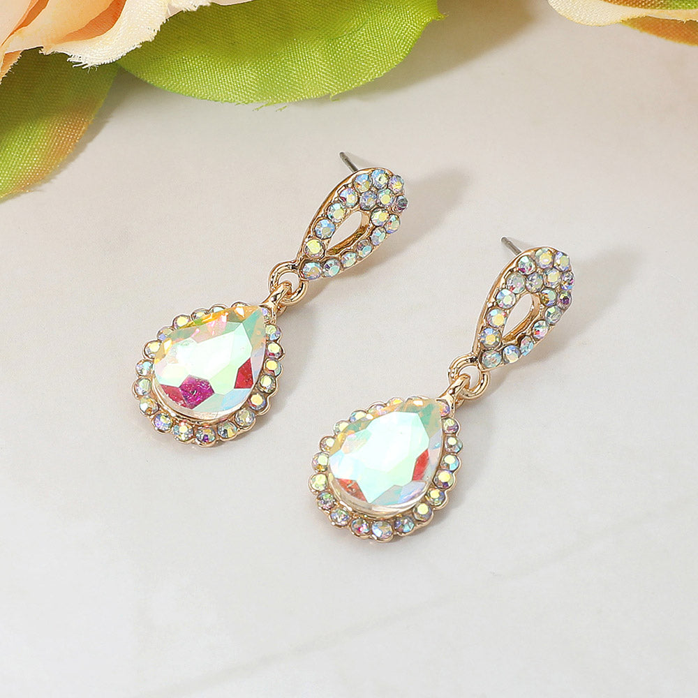 Madeline Love AB, Gold Iridescent Teardrop Crystal Dangle Earrings